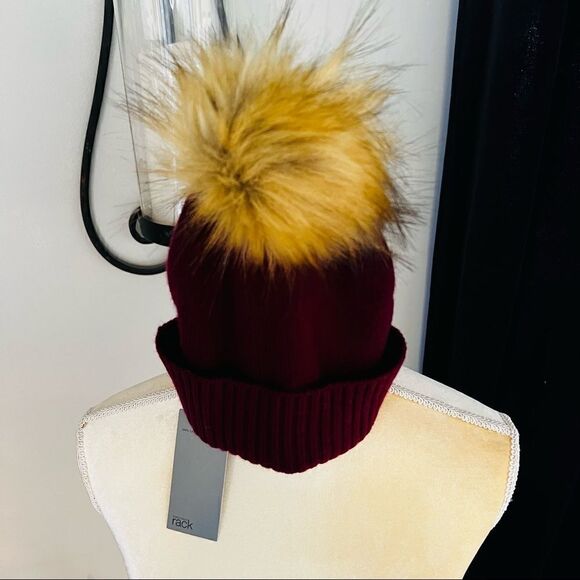 Nordstrom Faux Fur Cashmere Pompom Beanie, Burgundy, 100% Cashmere, NWT - Picture 9 of 12